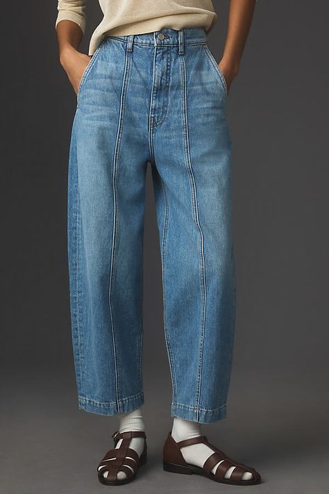 100% cotton Side slant pockets Back patch pockets Front zip Machine wash USA | Sol High-Rise Barrel Jeans by Self Contrast in Blue, Women's, Size: 27, Cotton at Anthropologie Casual Cool Street Style, Rise Jeans Outfit, High Summer Fashion, Pants Trend 2024, Stylish Casual Outfits Women, Quilted Jeans, Wide Leg Jeans Plus Size, Denim Bell Bottoms, Demin Jeans