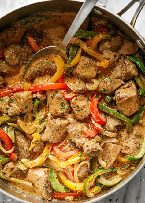 Pepper Cream Sauce, Bell Pepper Sauce, Pork Bites, Pork Sirloin, Pepper Sauce Recipe, Fancy Fish, Healthy Pork, Healthy Low Carb Dinners, Counting Carbs