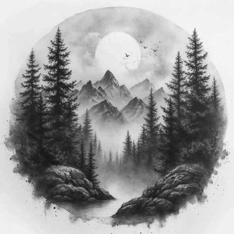 Forest Tattoo Sleeve Design, Forest Tattoo Sleeve, Tree Silhouette Tattoo, Scenery Tattoo, Forest Tattoo, Scene Tattoo, See Tattoo, Mountain Tattoo Design, Castle Tattoo