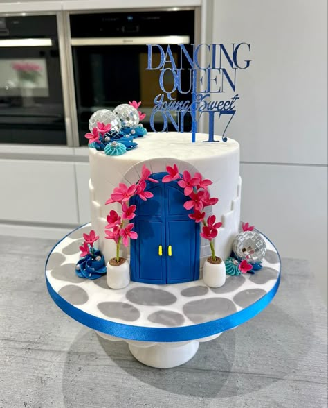 ABBA Dancing Queen Mama Mia Cake for 17th Birthday Greece Themed Cakes, Mamma Mia Table Decor, Greece Themed Party Decoration, Summer Birthday Cake, 17th Birthday Party Ideas, Mamma Mia Party, 17th Birthday Party, 17 Birthday Cake, Seventeenth Birthday