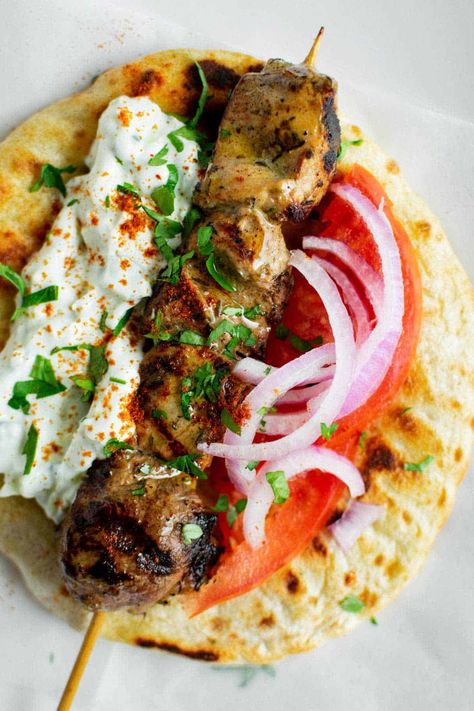 Pork Souvlaki Pita Wraps (with Tzatziki) - Real Greek Recipes Healthy Meals With Chicken, Souvlaki Pita, Pork Souvlaki, Pork Gyros, Roasted Turkey Legs, Pita Wraps, Eating Pineapple, Chargrilled Chicken, Tzatziki Recipe