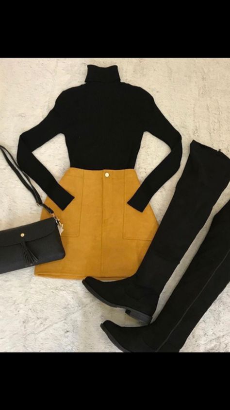 Mustard Mini Skirt Thigh High Boots Turtleneck Long Sleeve Top #fallfashion Mustard Mini Skirt Outfit, Mustard Skirt Outfit Ideas, Mustard Skirt Outfit Winter, Mustard Winter Outfit, Yellow Skirt Outfit Winter, Mustard Yellow Skirt Outfit, Yellow Mini Skirt Outfit, Skirt Thigh High Boots, Mustard Skirt Outfit