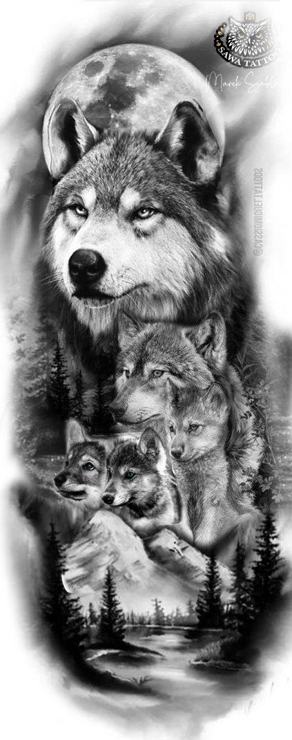 Half Sleeve Tattoos Wolf, Grey Wolf Tattoo, Family Sleeve Tattoo, Wolf Pack Tattoo, Wolf Tattoo Forearm, Wolf And Moon Tattoo, Wolf Tattoos For Women, Tatoo Dog, Lup Singuratic