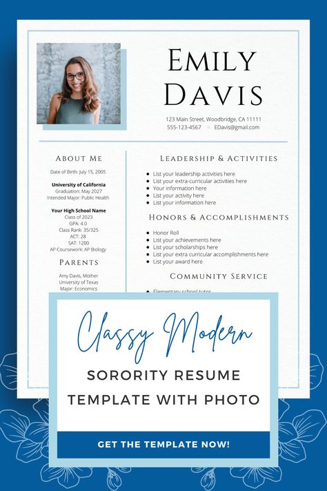 Are you ready to stand out during Rush? This classic light blue sorority resume template with photo is classy, sophisticated, minimal and sure to make a statement during sorority recruitment! We take the guesswork out of creating a sorority packet so you can easily write a polished social resume that will help you catch the attention of your sorority of choice! This instant digital download includes TWO matching cover letter template options, each with a unique style and sample text. Rush Resume, Recruitment Resume, Sorority Resume, Leadership Activities, Recruitment Sorority, Photo Cover, Honor Roll, Resume Design Template, Sorority Recruitment