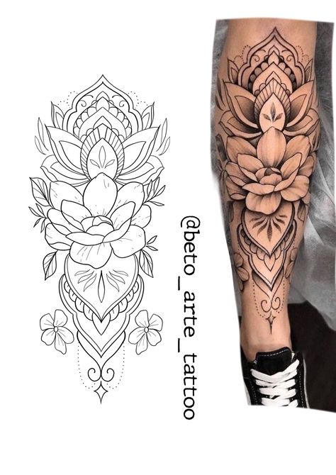 #tattoo, #tattoos, #inked, #tattooart, #tattooedwomen, #tattooedguys, #tattooinspiration, #tattooideas, #tattooworldwide, #tattoosociety, #InkLaughs, and #TattooFails​ Lotus And Mandala Tattoo Design, Lotus Tattoo On Leg, Lotus Flower And Mandala Tattoo, Mandala Leg Tattoo For Women, Calf Tattoo Stencil, Leg Sleeve Stencil, Back Of Leg Tattoos Women Calves, Leg Mandala Tattoo, Mandala Shin Tattoo