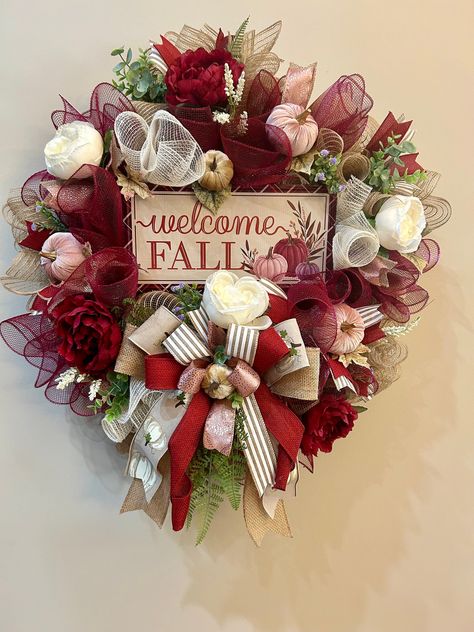 Burgundy Wreath, Cream Wreath, Burgundy Peonies, Purple Pumpkin, Pink Wreath, Velvet Pumpkins, Striped Ribbon, Cabbage Roses, Welcome Fall