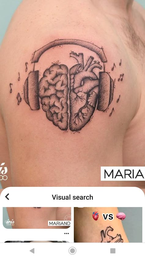 Music Brain Tattoo, Heart With Headphones Tattoo, Heart And Music Tattoo, Music Therapy Tattoo, Love For Music Tattoo, Headphone Tattoo Design, Music Patchwork Tattoo, Music Headphones Tattoo, Music Sleeve Tattoo Women