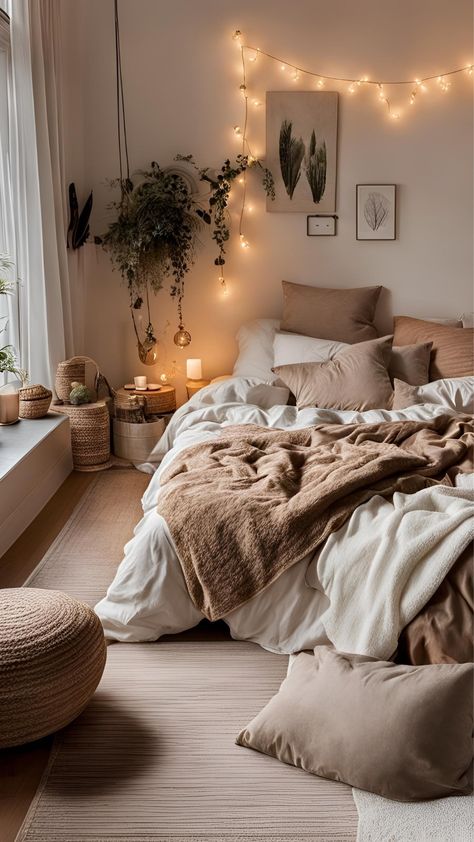 Grey And Brown Room Ideas Bedroom, White And Tan Room Aesthetic, Beige Aesthetic Room Ideas Cozy, Coffee Brown Bedroom Ideas, Brown Room Furniture Bedroom, Light Cosy Bedroom, Cosy Girly Bedroom, Brown And Neutral Bedroom, Big Bed Bedroom Ideas