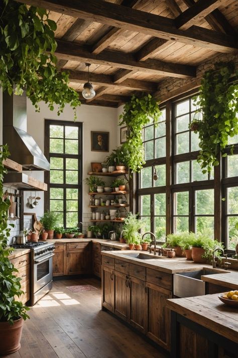 House Interior Earthy, Moody Cottage Core Kitchen, Homestead Home Decor, Cozy House Kitchen, Homestead Kitchen Design, Boho House Design, Tudor Style Kitchen, Earthy Kitchens, Tudor Style Homes Interior