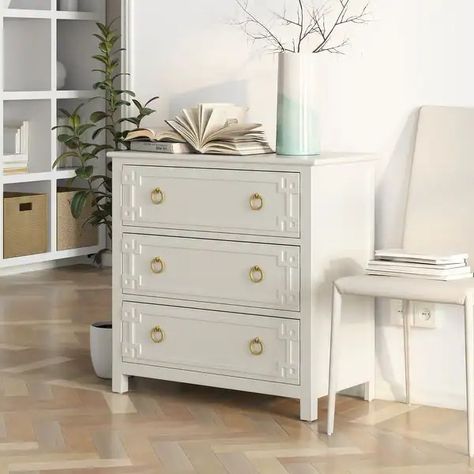 COZAYH Farmhouse 3-Drawer Dresser, Rustic Chest of Drawers with Embossed Geometric Lines, French Country, Fully-Assembled - On Sale - Bed Bath & Beyond - 39994524 Blue And White Room, Dresser Rustic, Rustic Chest Of Drawers, Coastal Apartment, Fancy Bedroom, Rustic Dresser, Three Drawer Dresser, Furniture Dresser, New Home Furniture