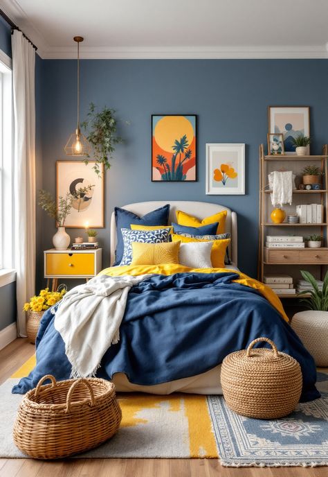 Blue Boho Girls Bedroom Blue Yellow Bedding, Blue And Yellow Room Bedrooms, Denim Blue Bedroom Ideas, Yellow And Blue Bedroom Ideas, Blue And Mustard Bedroom, Blue And Yellow Room, Boho Girls Bedroom Ideas, Sunflower Bedroom Ideas, Blue And Yellow Bedding