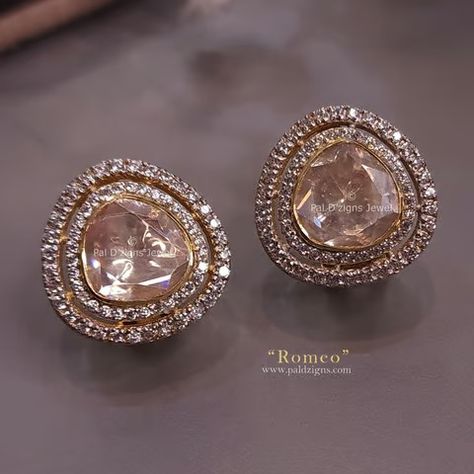 #moissanite #polki #studs #polkiearings #romeo #handmade #earings #bridal #bridejewellery #weddingjewellery #jewelry #uniqueearings #earings #occasionwear #semiprecious #stones #silver #royallook #partywear Polki Stone Jewellery, Polki Earrings Studs, Polki Rings Design, Real Diamond Earrings Unique, Polki Studs Earrings, Polki Tops, Polki Studs, Model Earrings, Moissanite Jewellery