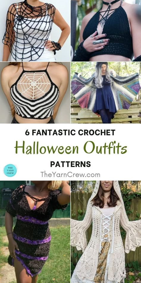 6 Fantastic Crochet Halloween Outfit Patterns. 6 Fantastic Crochet Halloween Outfit Patterns curated by The Yarn Crew. Goth Crochet, Crochet Halloween Costume, Spooky Crochet, Outfit Patterns, Crochet Costumes, Gilet Crochet, Fall Crochet, Crochet Wearables, Crochet Halloween