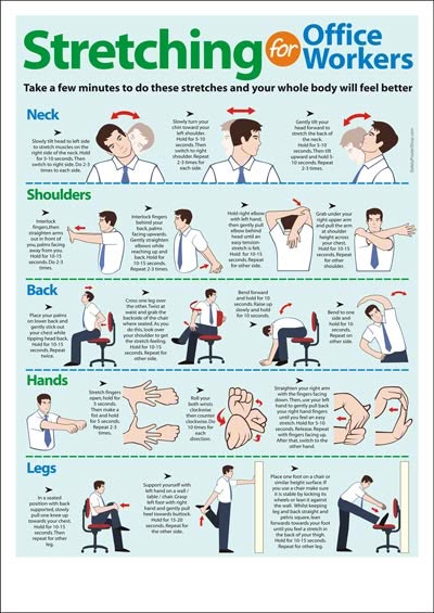 Stretching for Office Workers | Safety Poster Shop Office Stretches, Office Exercises, Office Workouts, Benefits Of Stretching, Beginner Pilates, Office Workout, Desk Workout, Office Yoga, Adolescent Health