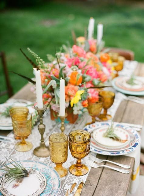 Mismatched Table Setting, Ojai Wedding, Mismatched Plates, Thanksgiving Flowers, Mismatched China, Thanksgiving Color, Colored Glassware, Bridal Musings, Thanksgiving Tablescapes