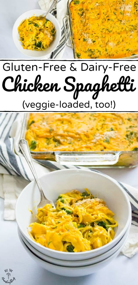 This creamy gluten-free and dairy-free chicken spaghetti recipe is veggie-loaded and great for meal prep and leftovers. It's the chicken spaghetti you remember from childhood but healthy-fied and made allergy-friendly! #allthenourishingthings #glutenfree #dairyfree #chickenspaghetti #mealprep #casserole #comfortfood #healthy Chicken Spaghetti Recipe, Dairy Free Meals, Dairy Free Recipes Dinner, Gluten Free Spaghetti, Comfort Food Chicken, Chicken Spaghetti Recipes, Dairy And Gluten Free, Leftover Chicken Recipes, Dairy Free Dinner