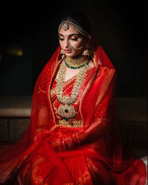 Red Wedding Sarees For Bride, Red South Indian Saree, Red Kanchipuram Saree Bride, Red Bridal Saree South Indian, Bridal Kanjeevaram Saree, Red Kanjeevaram Saree, Indian Wedding Reception Outfits, Red Saree Wedding, Sabyasachi Saree