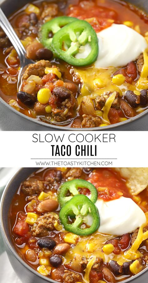 Slow cooker taco chili recipe - by The Toasty Kitchen #slowcooker #crockpot #tacochili #chilirecipe #wintermeals #coldweathermeals #easymealideas #dinnerideas #dinner #groundbeef #homemade #recipe Easy Dump Chili Recipe, Crockpot Chili With Rotel, Fall Crockpot Chili Recipes, Spicy Chilli Recipe Slow Cooker, Taco Stew Crockpot, Slow Cooker Taco Chili, Mexican Crockpot Chili, Chili With Taco Seasoning, Croc Pot Chilli