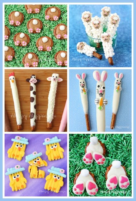 Easter Pretzels, Cute Easter Food, Easter Food Recipes, Easter Pretzel, Decorated Pretzels, Pinecone Ideas, Easter Rice Krispie Treats, Bunny Butts, Pretzel Treats