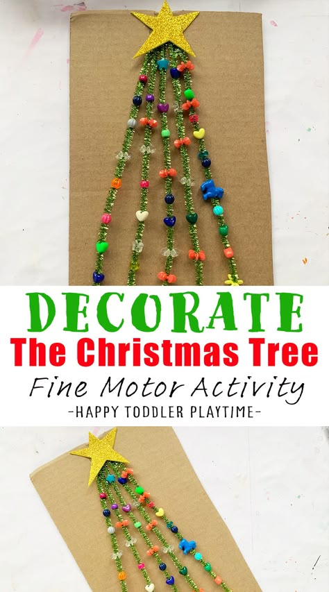 Decorate the Christmas Tree: Easy Fine Motor Activity for Kids - Happy Toddler Playtime Little Kid Christmas Crafts, Open Ended Christmas Crafts, Kindergarten Christmas Tree Craft, Fine Motor Christmas Tree, Toddler Arts And Crafts Christmas, Christmas Fine Motor Activities Preschool, Christmas Projects Preschool, Easy Christmas Craft For Toddlers, Toddler Art Christmas