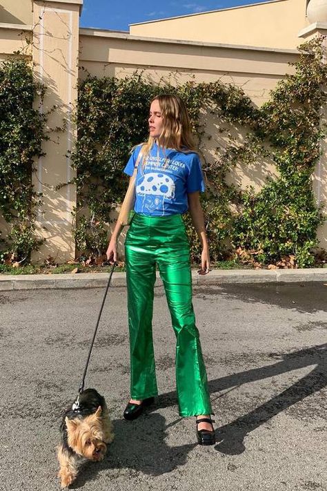 The Metallic Trend Is Back—Here's the Best Metallic Clothing | Who What Wear Emerald Pants, Purple Pants Outfit, Bright Pants, Bright Sweater, Disco Pants, Metallic Pants, Shiny Pants, Purple Pants, Swim Trends