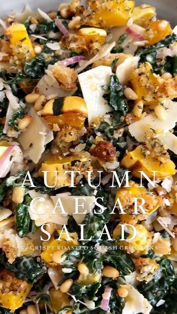 Thanksgiving Caesar Salad, Fall Caesar Salad, Autumn Caesar Salad, Fall Ceaser Salad, Autumn Salad Dressing, Autumn Ceaser Salad, Food Pescatarian, Warm Fall Salad, Healthy Kale Caesar Salad