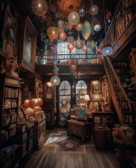 Steampunk Shop Concept Art, Library Core Aesthetic, Magical Study Room, Library Set Design, Fantasy Antique Shop, Fantasy Shop Interior, Witchy Bookstore, Dnd Magic Shop, Fantasy Library Aesthetic