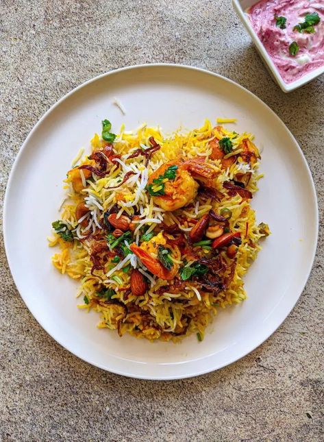 Shrimps Biryani – Spice Trip Shrimp Briyani Receipes, Shrimp Biryani Recipe Indian, Shrimp Biryani Recipe, Prawns Biryani, Shrimp Biryani, Prawn Biryani Recipes, Fish Biryani, Marinated Shrimp, Perfect Rice