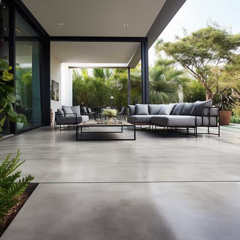 Modern Concrete Patio Design, Backyard Patio Designs Concrete Modern, Outdoor Polished Concrete Patio, Contemporary Patio Ideas, Patio Flooring Over Concrete, Polished Concrete Patio Outdoor, Modern Stamped Concrete Patio Ideas, Concrete Backyard Ideas Cement Patio, Backyard Patio Floor Ideas