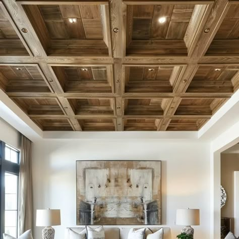 15 Stunning Coffered Ceiling Ideas That Enhance Style of Your Home Square Wood Ceiling Design, Coffered Ceiling Theater Room, Wood Drop Ceiling Tiles, Antique Ceiling Design, Wood In Tray Ceiling, Modern Wood Ceiling Design, Cauffered Ceiling, Coffered Wall, Rustic Coffered Ceiling