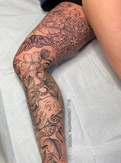 Mixed Style Leg Sleeve Tattoo, Tattoo For Inner Thigh, Meaningful Woman Tattoos, Leg Sleeve Mandala Tattoo, Sea Theme Leg Sleeve Tattoo, Delicate Leg Sleeve Tattoo, Sea Life Leg Sleeve Tattoo, Animal Themed Leg Sleeve, Nature Theme Leg Sleeve