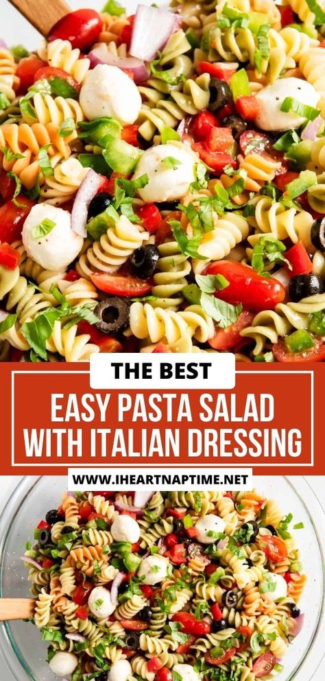 Filled with tender pasta and crisp colorful veggies, this flavorful and easy pasta salad with Italian dressing is a zesty must-have for any potluck! No Pasta Salad Recipes, Noodle Salad Recipes Italian, Italian Pasta Salad No Meat, Tricolor Pasta Salad Italian Dressing, Marinated Pasta Salad, Italian Pasta Salad Recipes Dressings, Easy Healthy Pasta Salad Cold, Simple Italian Pasta Salad, Italian Caprese Pasta Salad