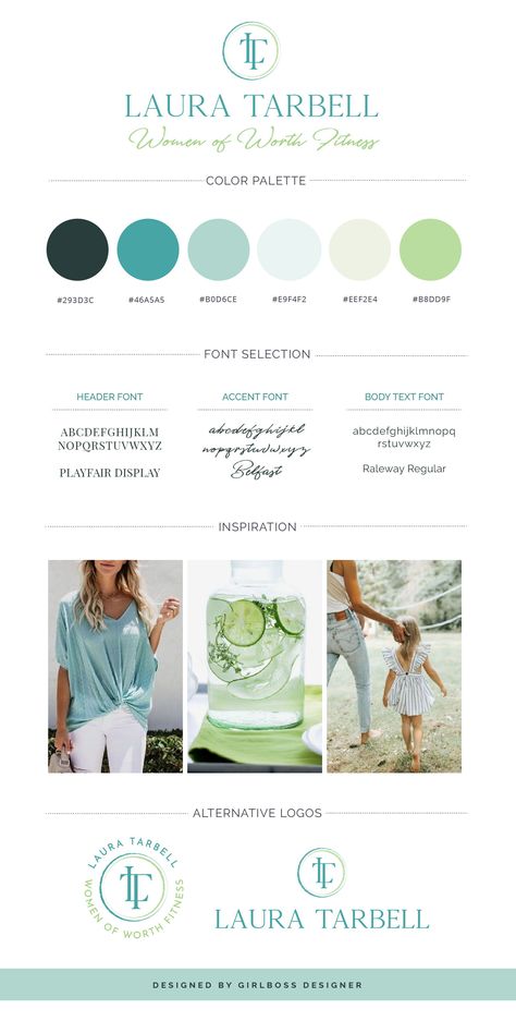 Turquoise and green branding for Health & Fitness Coach Laura Tarbell by Girlboss Designer. Branding, logo design and color palettes for Women Entrepreneurs. Health Branding Design, Green Blue Branding, Fitness Color Palette, Fitness Branding Design Color Palettes, Branding For Coaches, Health Coach Brand Color Palette, Fitness Branding Design, Turquoise Logo Design, Blue And Green Brand Color Palette