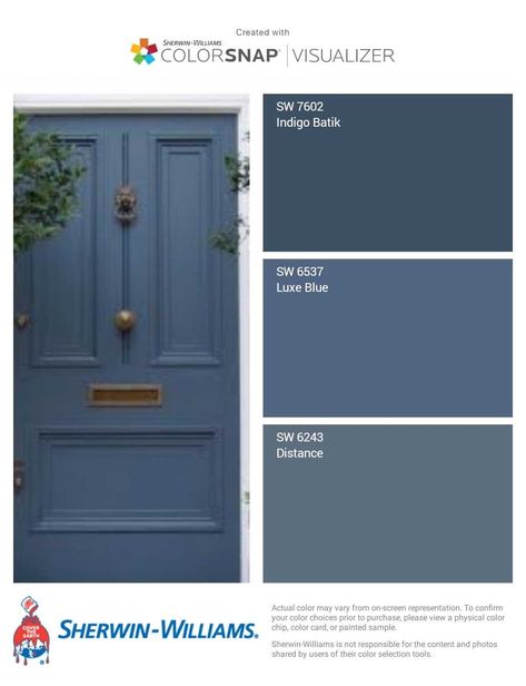 Front door slate blue color options. Color matched by Sherwin Williams. Luxe Blue. Indigo Batik. Distance. Best Sherwin Williams Gray, Sherwin Williams Gray Paint Colors, Sherwin Williams Paint Gray, Exterior Door Colors, Interior Paint Colors Schemes, Color Door, Gray Paint Colors, Sherwin Williams Gray, Blue Front Door