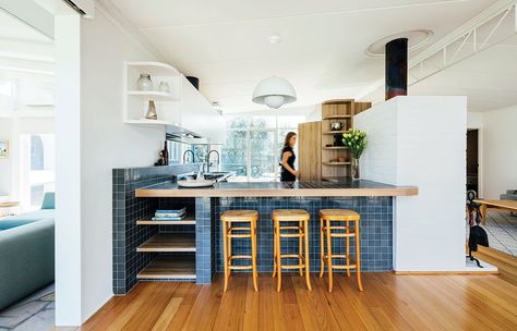 Beach Shack Kitchen, Beach Shack Interior, Shack Kitchen, Tiled Bench, Shack Interior, Architecture Kitchen, Japanese Tile, Brick Chimney, Freestanding Cooker