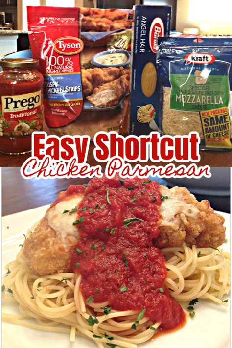 Chicken Parmesan With Chicken Patties, Chicken Strip Recipes Easy Dinners, Chicken Patty Parmesan Recipe, Chicken Tender Parmesan Recipe, Chicken Patty Parmesan, Tyson Chicken Patties, Quick And Easy Chicken Parmesan, Chicken Parmesan Easy, Easy Chicken Parmesan Bake