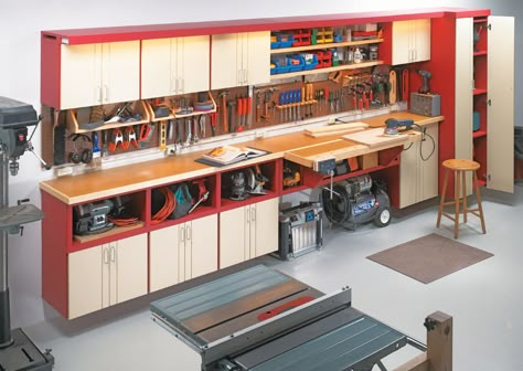 One-Wall Workshop | Woodworking Project | Woodsmith Plans Woodsmith Plans, Workshop Cabinets, Diy Storage Ideas, Woodworking Garage, Room Storage Diy, Workshop Layout, Workshop Plans, Cabinet Plans, Work Benches