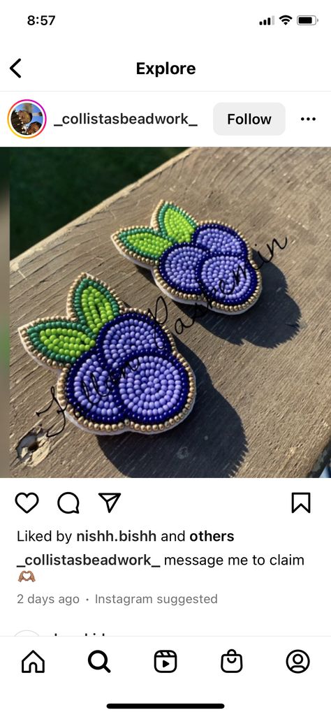 Beaded Blueberry Earrings, Beaded Blueberries, Native Beaded Earrings Round, Beaded Medallion Native American, Jingle Dress Regalia, Ribbon Skirt Ideas, Metis Beading, Native Bead Work, Indigenous Beading