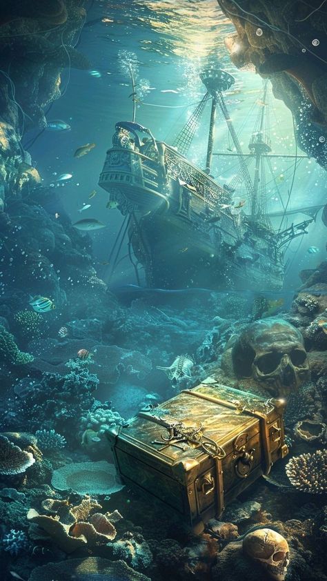 Ghost Ship Art, Pirates Treasure, Pirate Ship Art, Gold Illustration, Ship Wreck, جوني ديب, Pirate Island, Bottom Of The Sea, Underwater Painting