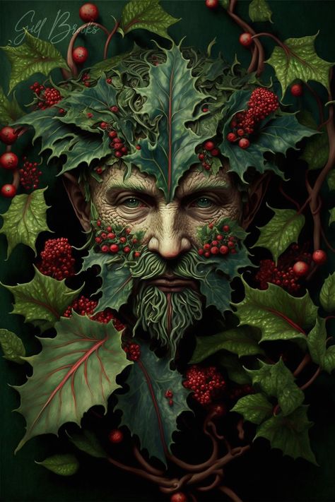 The Green Man At Christmas by gillbrooks Male Template, Guiseppe Arcimboldo, Fae Magic, Oak King, Holly King, The Green Man, Pagan Art, Christmas Artwork, Dark Christmas