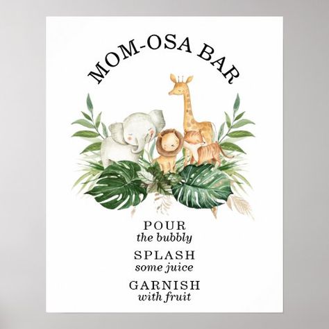 Safari Greenery Foliage Baby Shower Mom-osa Bar for $15.50 - Baby Shower Invitations Watercolor Jungle Animals, Mom Osa Bar Sign, Wild Baby Shower, Safari Baby Shower Boy, Mom-osa Bar Sign, Lion Baby Shower, Jungle Safari Baby Shower, Mom-osa Bar, Gold Foliage