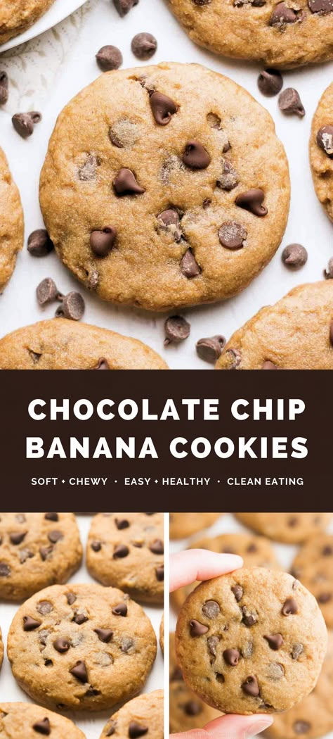 Healthy Banana Chocolate Chip Cookies – easy to make! Soft, chewy & full of chocolate chips. No eggs, dairy or refined sugar! These simple banana cookies are healthy, clean eating, vegan & low calorie. (Great gluten-free options too!) A HUGE favorite – the BEST banana cookies I’ve had! Healthy banana cookies recipe. Banana cookies vegan gluten free. Healthy banana cookies low calorie. Banana cookies without eggs. Banana Chocolate Chip Healthy, Healthy Dessert With Ripe Bananas, Banana Chocolate Chip Cookies Gluten Free, Gluten Free Healthy Chocolate Chip Cookies, Banana Cookies No Butter, Low Calorie Biscuits Recipe, Gf Banana Cookies, Vegan Banana Chocolate Chip Cookies, Healthy Banana Cookie Recipes