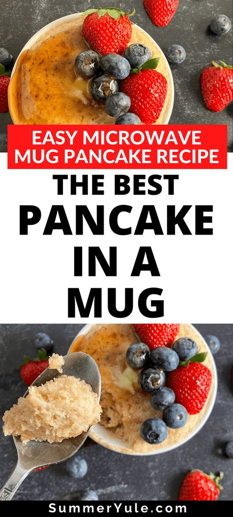 Learn to make mug pancakes! This pancake in a mug recipe is the ultimate easy breakfast hack for lazy weekend mornings. Get tips on how to make pancakes in microwave that are vegan and gluten free, as well as a protein-packed Kodiak pancake in a mug. You’ll love this 1 minute, 1 cup pancake recipe that’s thick yet fluffy, and perfect with a variety of pancake toppings. #breakfast #vegan #vegetarian #highcalorie #easymeals Pancake Mix In A Mug, Pancake In A Cup, Microwave Pancake Bowl Kodiak, Kodiak Mug Pancake, Protein Pancake In A Mug, Kodiak Pancake Mix Recipes Microwave, Kodiak Microwave Pancake, Mug Pancake Microwave, Protein Pancake Bowl Microwave