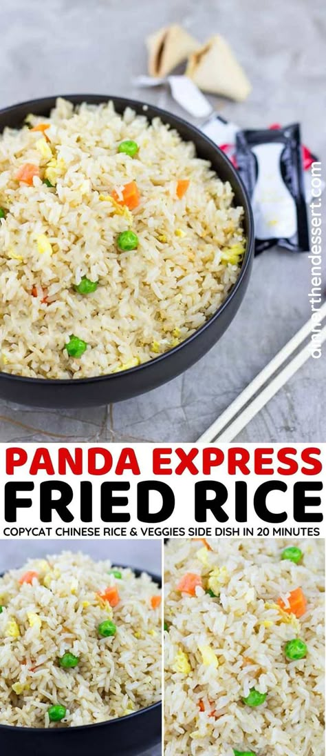 Panda Express Fried Rice is the most popular copycat takeout recipe! Salty and savory fluffy rice with veggies and eggs mixed in. Chinese Food Recipes Panda Express, Panda Express Rice Recipe, Copycat Panda Express Recipes, Healthy Panda Express Recipes, Panda Express Fried Rice Recipe, Panda Express Rice, Panda Express Lo Mein Recipe, Homemade Panda Express, Panda Express Chow Mein Recipe