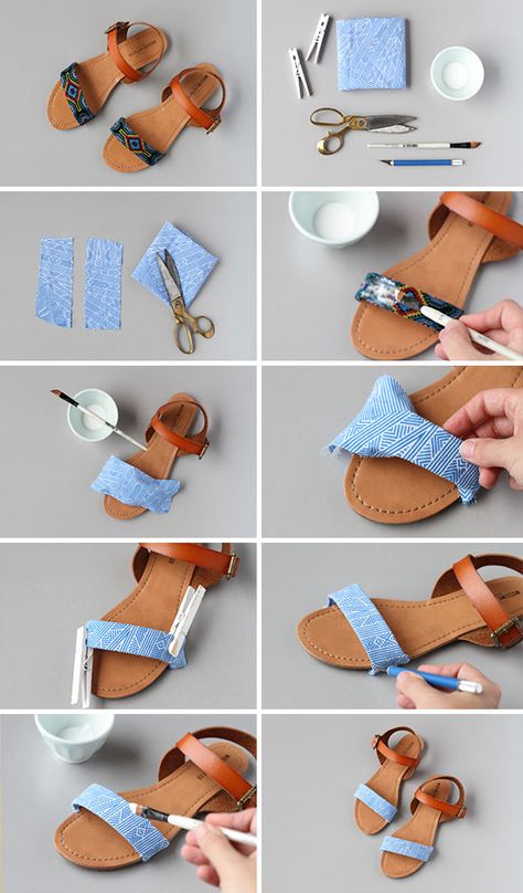 Diy sandal makeover- This would work great for a yard sale find or for those outdated shoes you just love! Shoe Refashion, Shoe Makeover, Fabric Sandals, Diy Sandals, Diy Slippers, Diy Clothes And Shoes, Shoes Hack, Shoe Crafts, Old Shoes