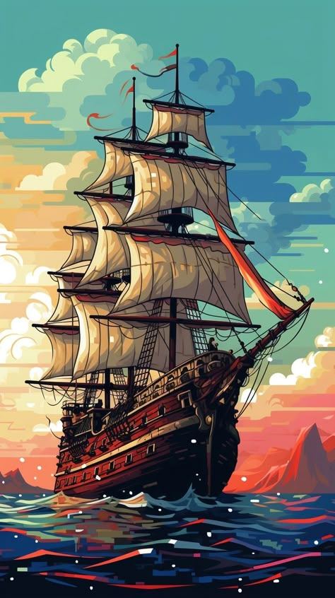 Sailing Ship Aesthetic, Old Sailing Ships Paintings, Old Ship Drawing, Ghost Ship Art, Pirate Ship Drawing, Ship Drawings, Ship Wallpaper, Pirate Ship Art, Ships At Sea