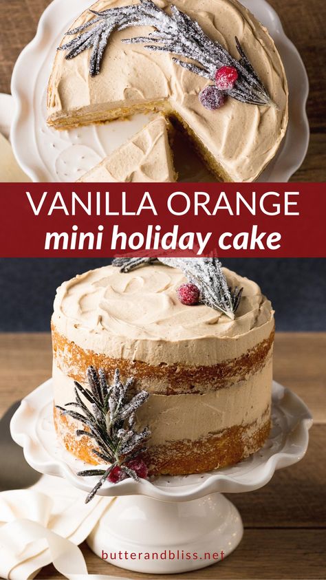 Vanilla Orange Gingerbread Cream Cake pairs winter citrus with classic holiday spices. Soft 6-Inch yellow cake layers are studded with orange zest then layered with a silky Gingerbread Pudding – that is also transformed into a mousse to frost the cake! Mini Christmas Cakes Recipe, Winter Cake Flavor Ideas, Holiday Cakes Thanksgiving, Winter Cake Flavors, Thanksgiving Desserts Easy Quick, Winter Cake Recipes, Holiday Desserts Christmas Cake, Winter Citrus Desserts, Winter Citrus Cake