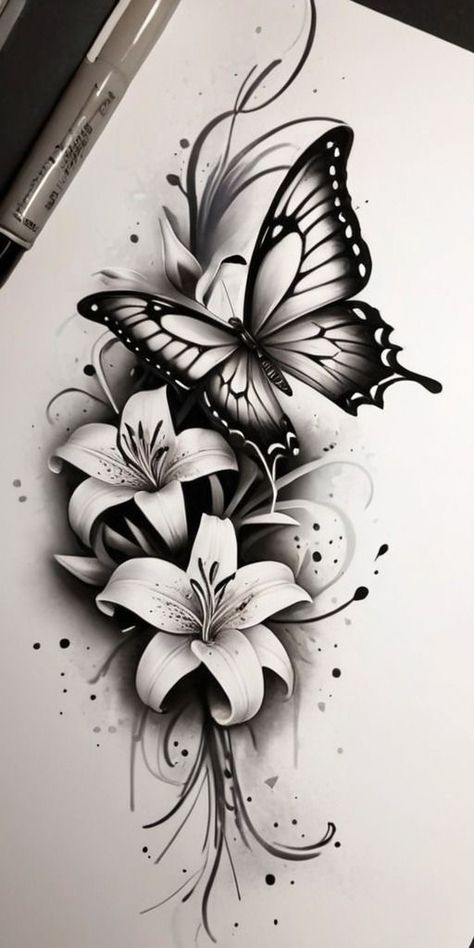 Butterfly With Flowers Tattoo Design, Butterfly And Flowers Tattoo Designs, Butterfly And Rose Tattoo For Women, Back Coverup Tattoos For Women, Cover Up Tattoos Arm, Upper Arm Cover Up Tattoos For Women, Thigh Cover Up Tattoo, Rose Butterfly Tattoo Design, Flores Tattoo Mujer