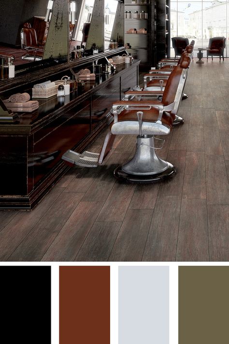 a dark wood effect floor for this urban barber Barbershop Color Palette, Barber Shop Color Palette, Hair Salon Quotes, Brand Moodboard, Salon Quotes, Pallet Designs, Color Pallete, Color Board, Modern Color Palette