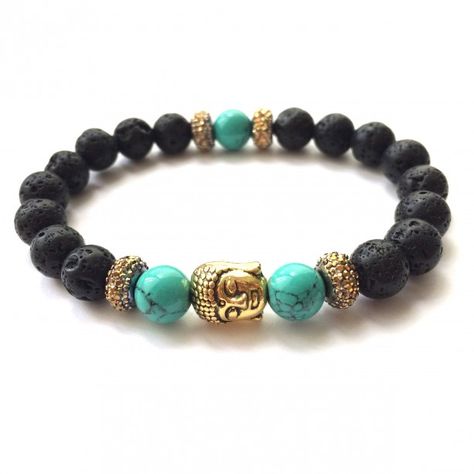 Lava stone & turquoise buddha bracelet Mens Jewelry Diy, Mens Handmade Jewelry, Mens Accessories Bracelet, Diy Bracelets Tutorials, Buddha Bracelets, Bracelets Women, Turquoise And Gold, Casual Jewelry, Jewelry For Men